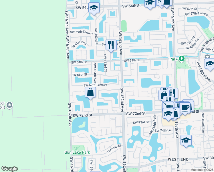 map of restaurants, bars, coffee shops, grocery stores, and more near 16324 Southwest 67th Terrace in Miami