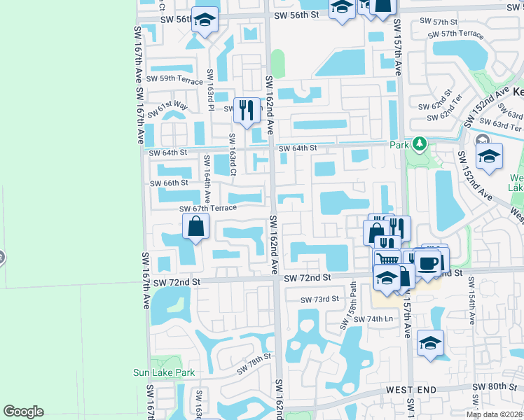 map of restaurants, bars, coffee shops, grocery stores, and more near 16224 Southwest 67th Terrace in Miami