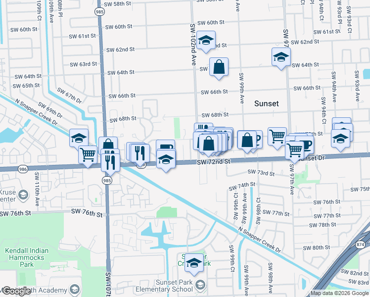 map of restaurants, bars, coffee shops, grocery stores, and more near 10271 Southwest 72nd Street in Miami