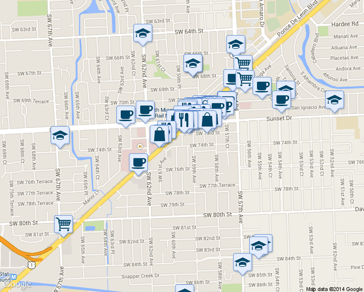 map of restaurants, bars, coffee shops, grocery stores, and more near 5966 South Dixie Highway in South Miami