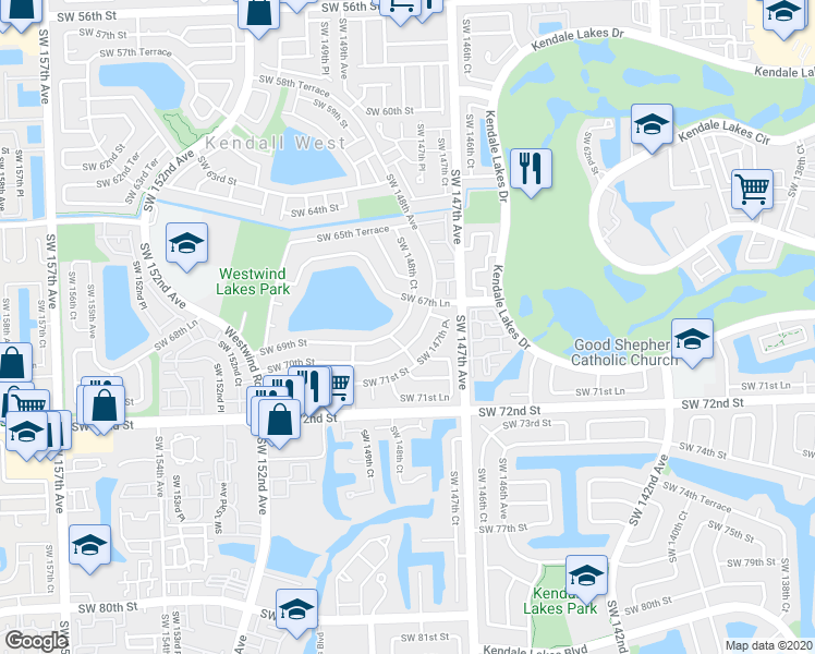 map of restaurants, bars, coffee shops, grocery stores, and more near 6905 Southwest 148th Court in Miami