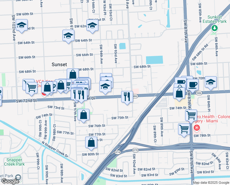 map of restaurants, bars, coffee shops, grocery stores, and more near 7115 Southwest 93rd Court in Miami