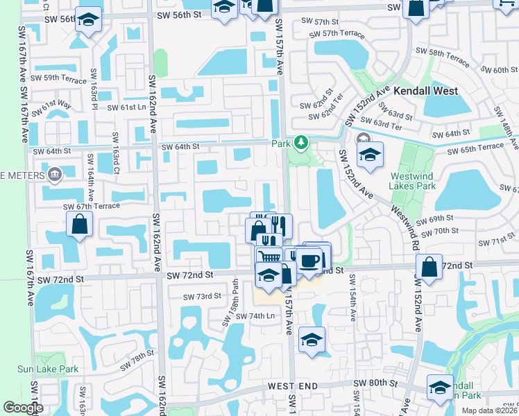 map of restaurants, bars, coffee shops, grocery stores, and more near 6803 Southwest 158th Avenue in Miami
