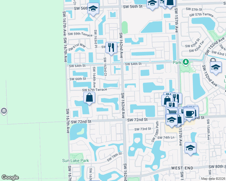 map of restaurants, bars, coffee shops, grocery stores, and more near 16224 Southwest 67th Terrace in Miami