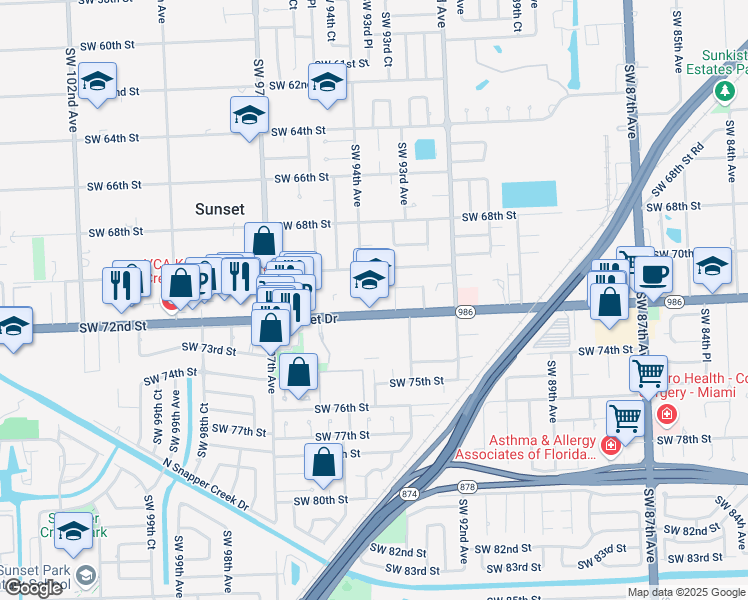 map of restaurants, bars, coffee shops, grocery stores, and more near 9393 Florida 986 in Miami