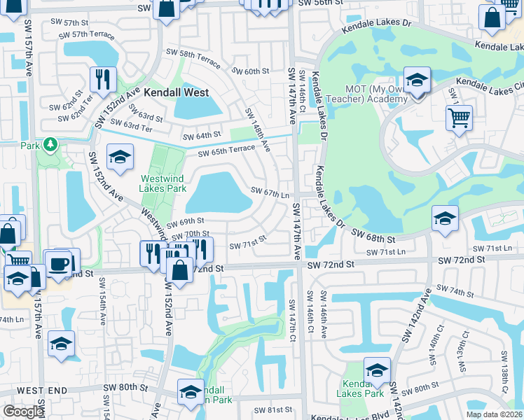 map of restaurants, bars, coffee shops, grocery stores, and more near 6905 Southwest 148th Court in Miami