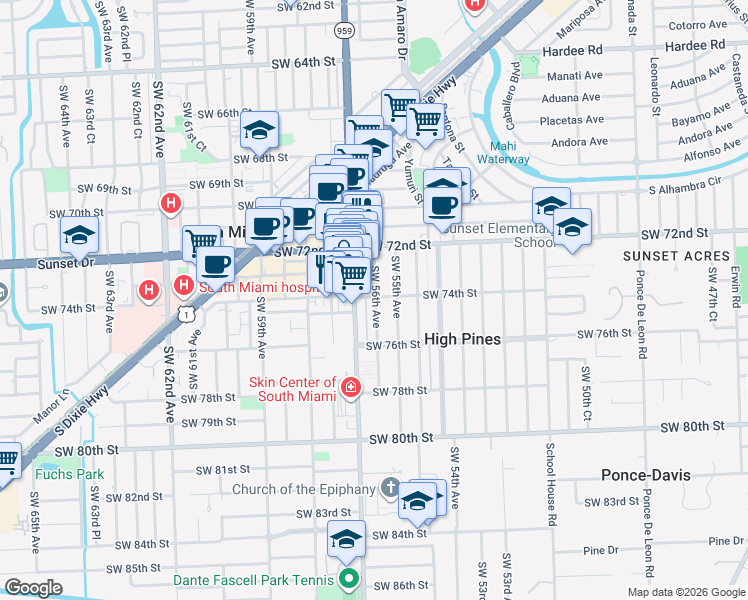 map of restaurants, bars, coffee shops, grocery stores, and more near 7401 Southwest 56th Avenue in Miami