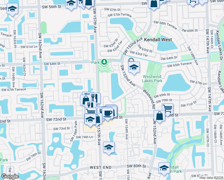 map of restaurants, bars, coffee shops, grocery stores, and more near 6841 Southwest 155th Avenue in Miami