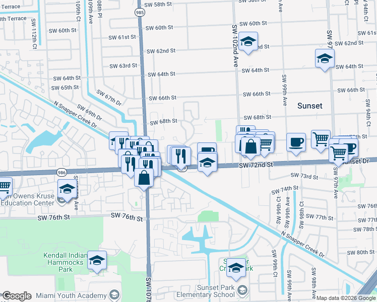 map of restaurants, bars, coffee shops, grocery stores, and more near 7142 Southwest 103rd Court in Miami