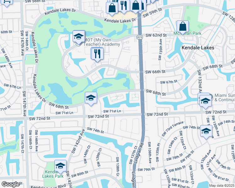 map of restaurants, bars, coffee shops, grocery stores, and more near 13800 Kendale Lakes Drive in Miami