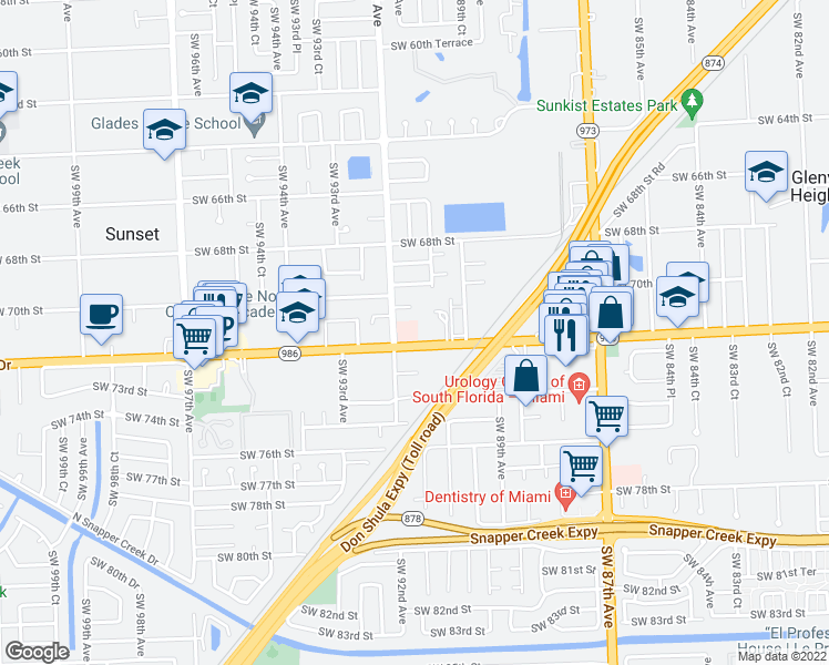 map of restaurants, bars, coffee shops, grocery stores, and more near 9193 Sunset Drive in Miami