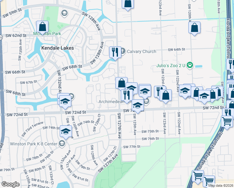 map of restaurants, bars, coffee shops, grocery stores, and more near 6921 Southwest 127th Court in Miami