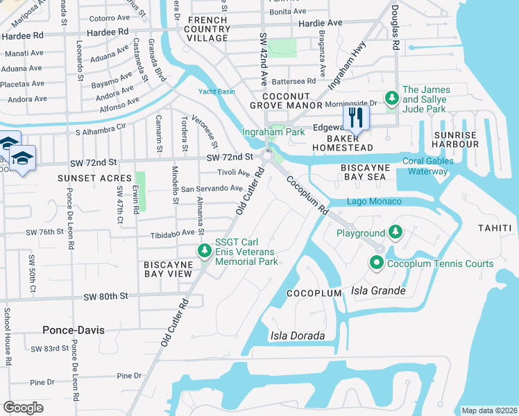 map of restaurants, bars, coffee shops, grocery stores, and more near 7275 Old Cutler Road in Coral Gables