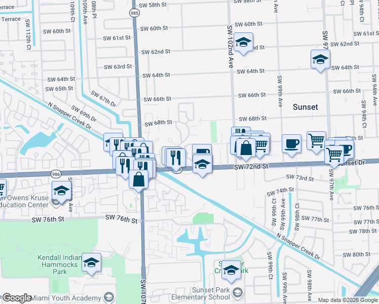 map of restaurants, bars, coffee shops, grocery stores, and more near 7142 Southwest 103rd Court in Miami