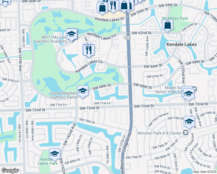 map of restaurants, bars, coffee shops, grocery stores, and more near 13800 Kendale Lakes Drive in Miami