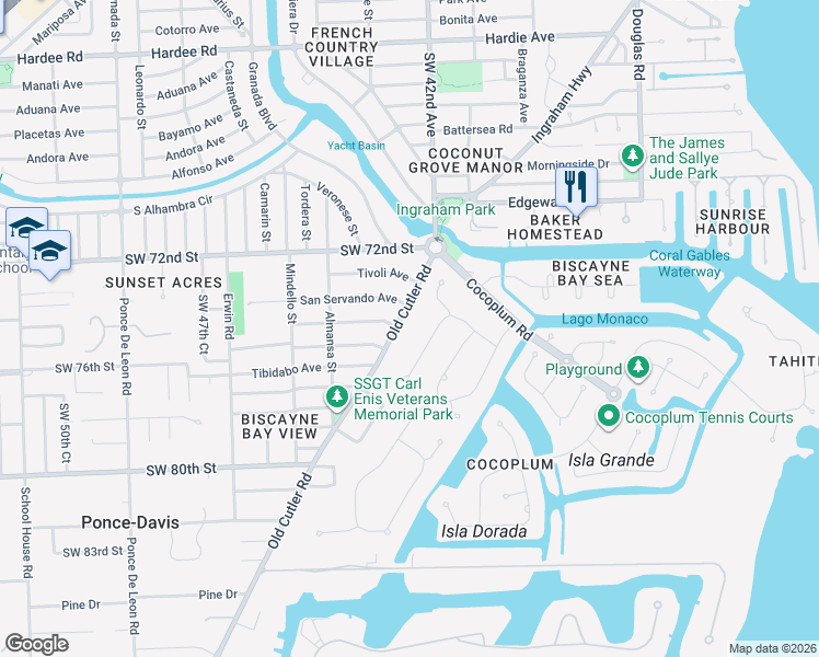 map of restaurants, bars, coffee shops, grocery stores, and more near 7275 Old Cutler Road in Coral Gables