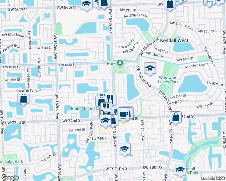 map of restaurants, bars, coffee shops, grocery stores, and more near Southwest 157th Avenue in Miami
