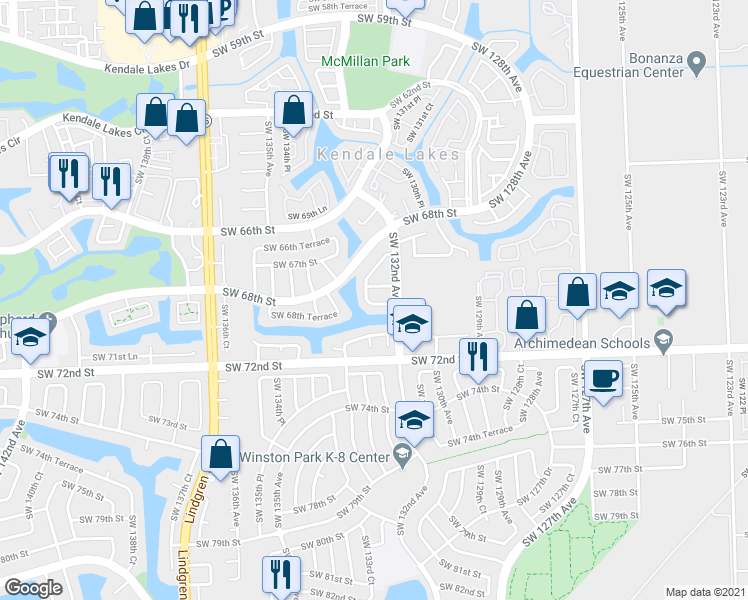 map of restaurants, bars, coffee shops, grocery stores, and more near 13235 SW 69th Terrace in Miami