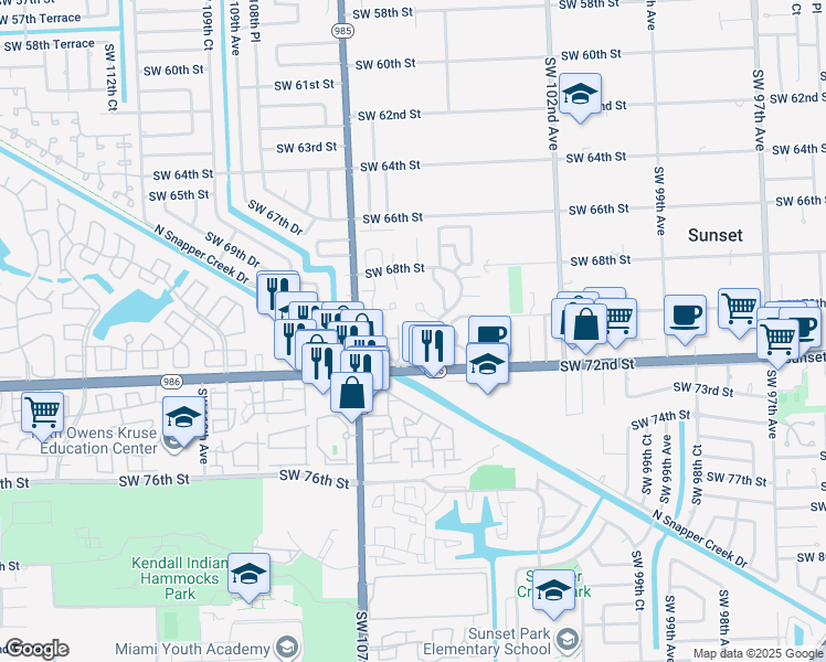 map of restaurants, bars, coffee shops, grocery stores, and more near 7016 Southwest 103rd Place in Miami