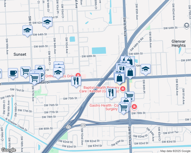 map of restaurants, bars, coffee shops, grocery stores, and more near 8971 Sunset Drive in Miami