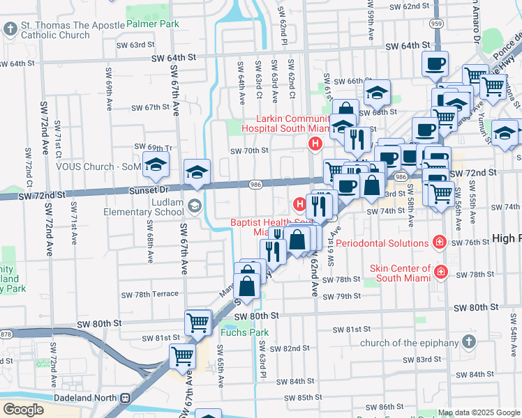 map of restaurants, bars, coffee shops, grocery stores, and more near 7333 Southwest 63rd Court in South Miami