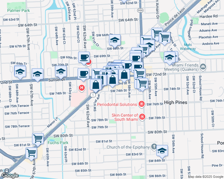 map of restaurants, bars, coffee shops, grocery stores, and more near 5966 South Dixie Highway in South Miami