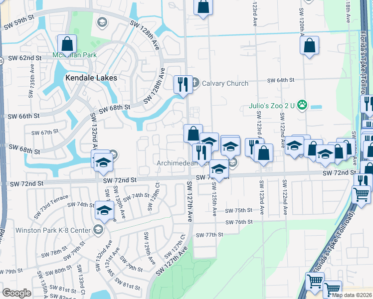 map of restaurants, bars, coffee shops, grocery stores, and more near 6921 Southwest 127th Court in Miami