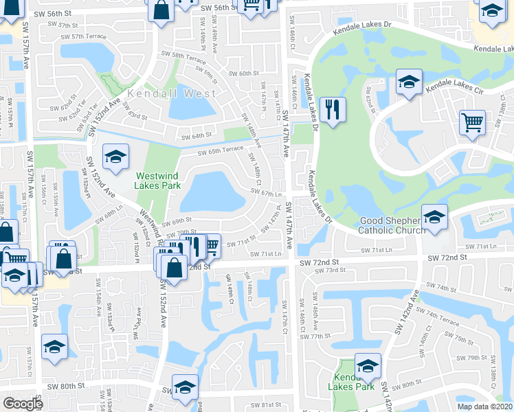 map of restaurants, bars, coffee shops, grocery stores, and more near 6935 Southwest 148th Court in Miami