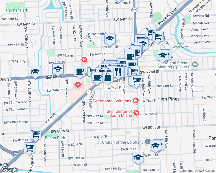 map of restaurants, bars, coffee shops, grocery stores, and more near 5864 Southwest 73rd Street in South Miami