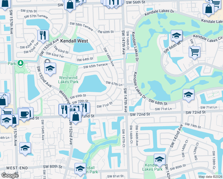 map of restaurants, bars, coffee shops, grocery stores, and more near 6935 Southwest 148th Court in Miami