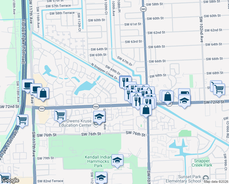 map of restaurants, bars, coffee shops, grocery stores, and more near 7017 Southwest 109th Place in Miami