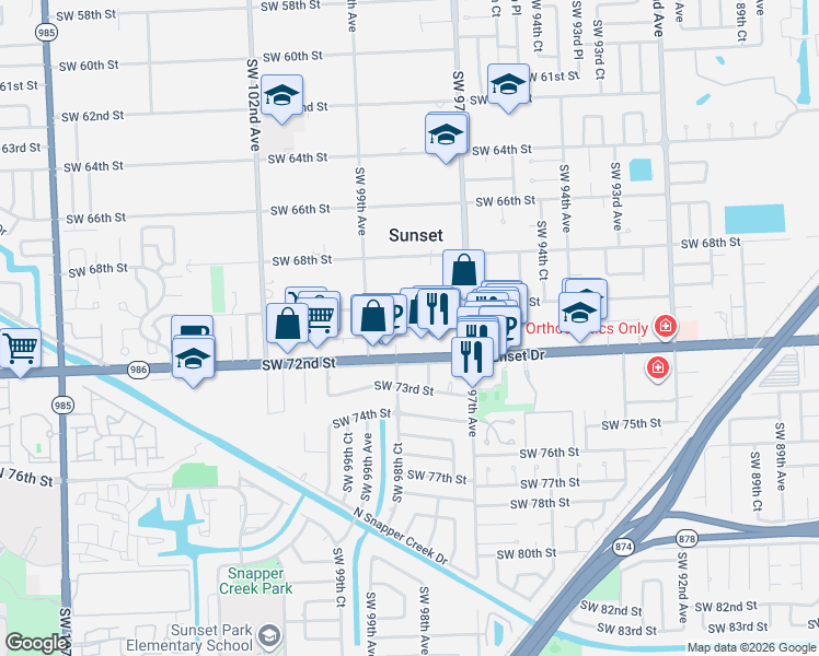 map of restaurants, bars, coffee shops, grocery stores, and more near 7075 Southwest 98th Avenue in Miami