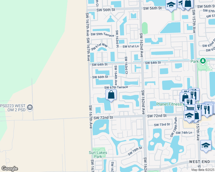 map of restaurants, bars, coffee shops, grocery stores, and more near 16453 Southwest 67th Terrace in Miami