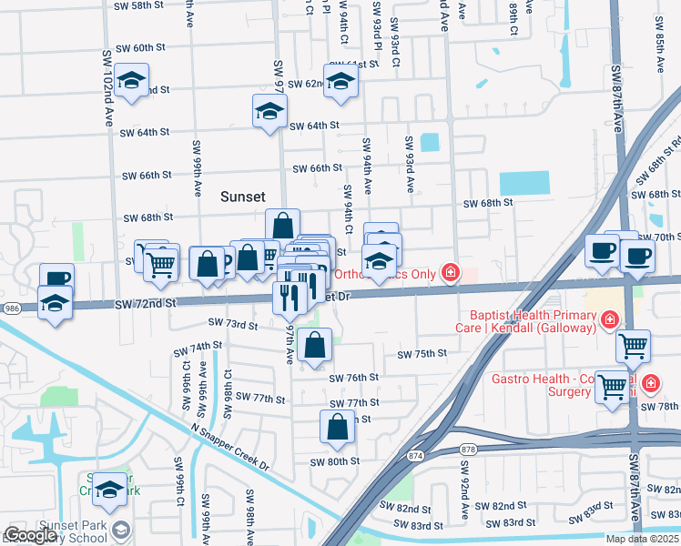 map of restaurants, bars, coffee shops, grocery stores, and more near 9485 Southwest 72nd Street in Miami