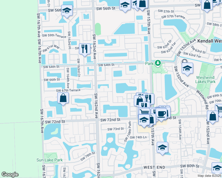 map of restaurants, bars, coffee shops, grocery stores, and more near 6750 SW 159th Pl in Miami