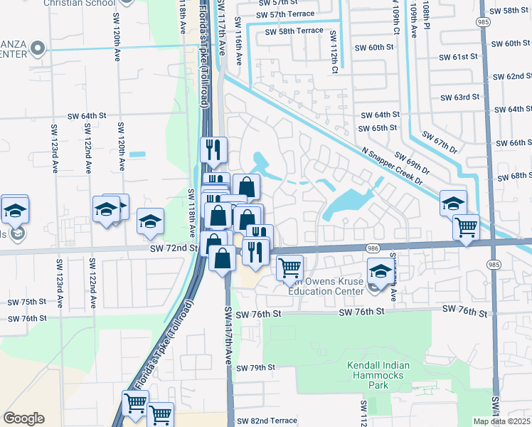 map of restaurants, bars, coffee shops, grocery stores, and more near Southwest 115th Place in Miami