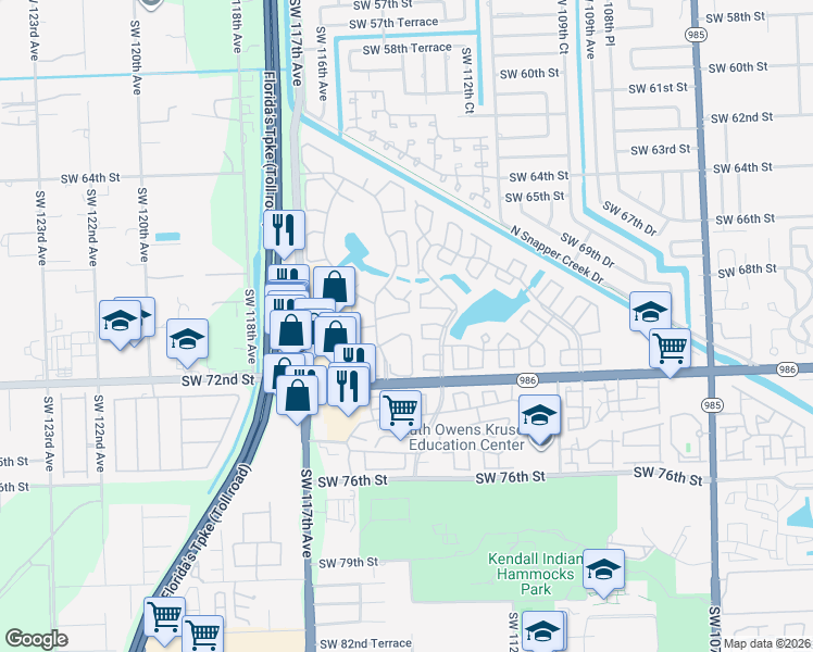 map of restaurants, bars, coffee shops, grocery stores, and more near 11343 Southwest 70th Terrace in Miami