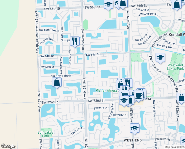 map of restaurants, bars, coffee shops, grocery stores, and more near 16127 Southwest 68th Street in Miami