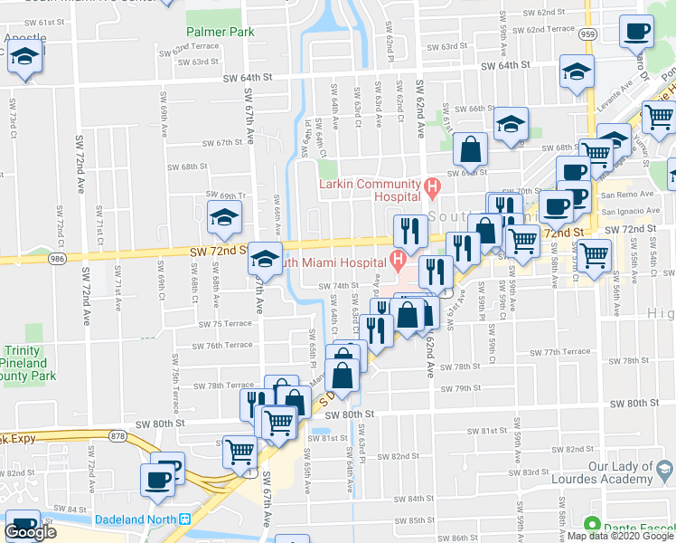 map of restaurants, bars, coffee shops, grocery stores, and more near 7321 Southwest 64th Court in South Miami