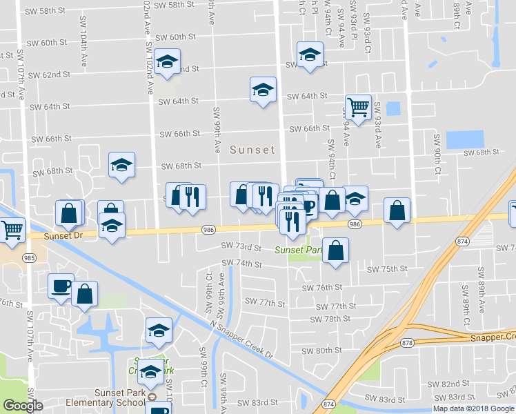 map of restaurants, bars, coffee shops, grocery stores, and more near 7075 Southwest 98th Avenue in Miami