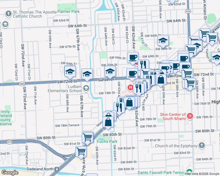 map of restaurants, bars, coffee shops, grocery stores, and more near 7333 Southwest 63rd Court in South Miami