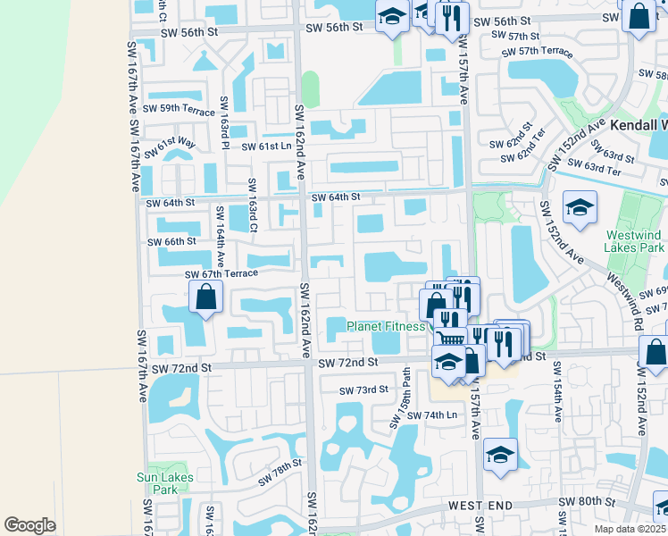 map of restaurants, bars, coffee shops, grocery stores, and more near 16127 Southwest 68th Street in Miami