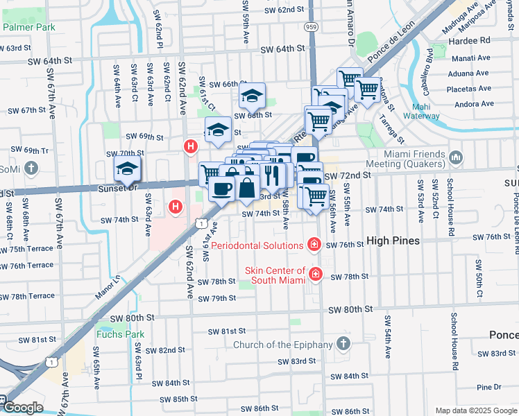 map of restaurants, bars, coffee shops, grocery stores, and more near 5864 Southwest 73rd Street in South Miami