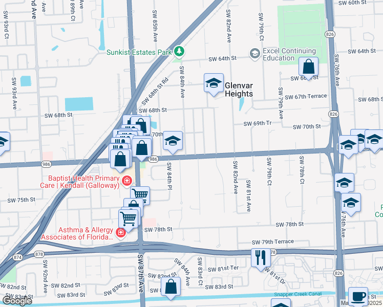 map of restaurants, bars, coffee shops, grocery stores, and more near 8375 Sunset Drive in Miami