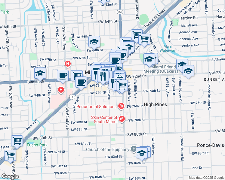 map of restaurants, bars, coffee shops, grocery stores, and more near 5801 Southwest 74th Terrace in South Miami