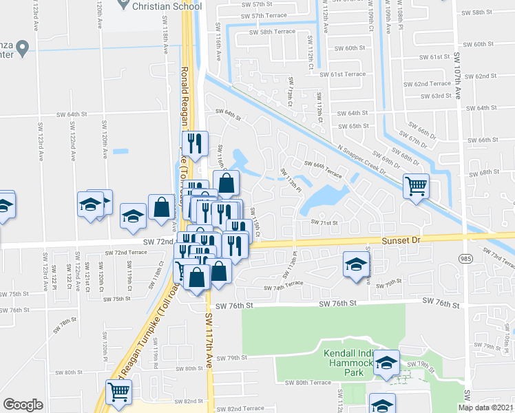 map of restaurants, bars, coffee shops, grocery stores, and more near 7014 Southwest 114th Place in Miami