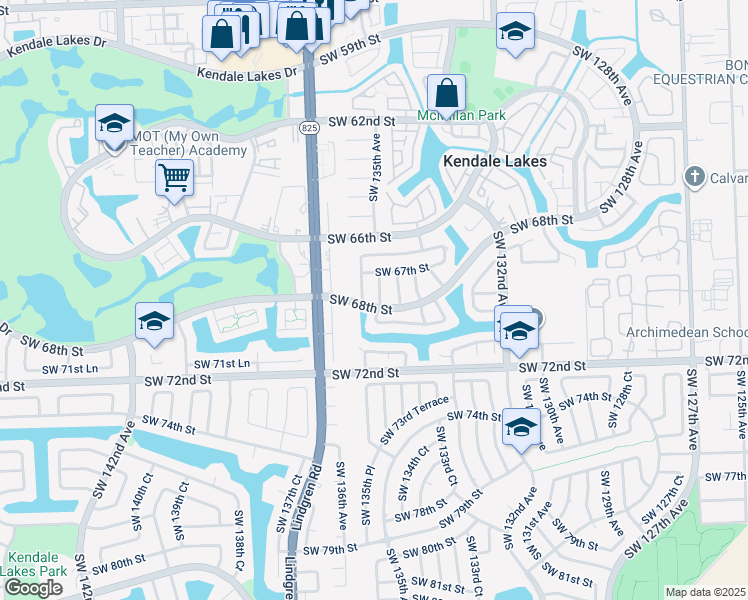 map of restaurants, bars, coffee shops, grocery stores, and more near 13491 Southwest 68th Street in Miami