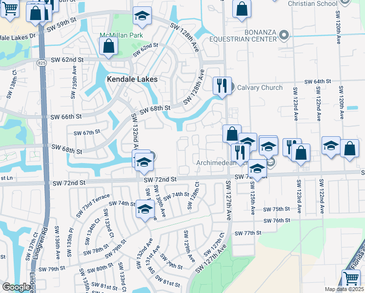map of restaurants, bars, coffee shops, grocery stores, and more near 6931 Southwest 129th Avenue in Miami