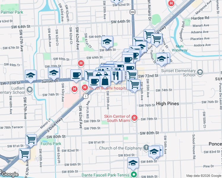 map of restaurants, bars, coffee shops, grocery stores, and more near 5864 Southwest 73rd Street in South Miami
