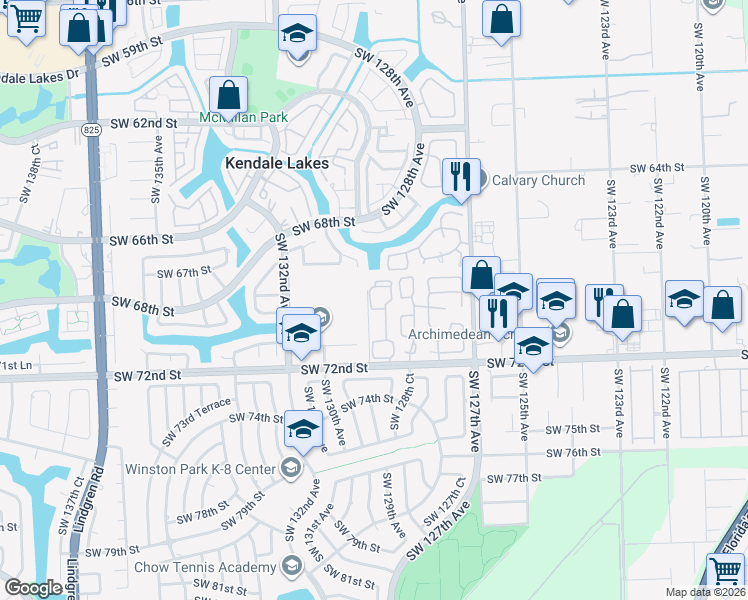map of restaurants, bars, coffee shops, grocery stores, and more near 6931 Southwest 129th Avenue in Miami